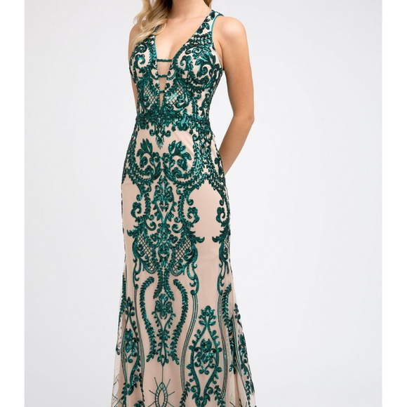 Sequined Open Back Prom Nude-Green Dress JT243